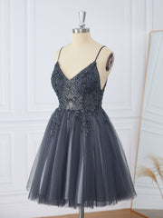 Party Dress Satin, A-line Tulle V-neck Beading Short/Mini Dress