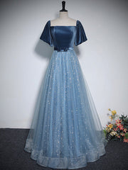 Prom Dresses 2024 Ball Gown, A-Line Tulle Velvet Blue Long Prom Dress, Blue Tulle Formal Dress