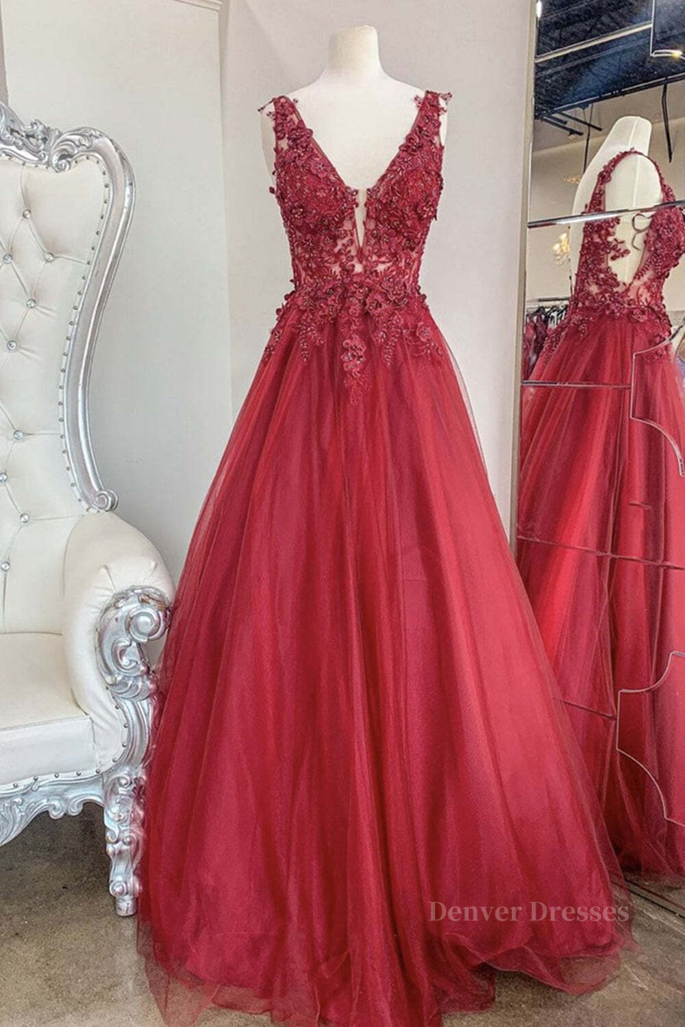 Evening Dresses For Over 78, A Line V Neck and V Back Red Lace Floral Long Prom Dress, Open Back 3D Flowers Red Lace Formal Evening Dress