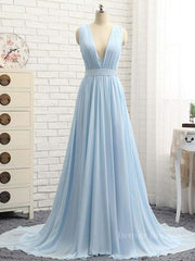 Garden Wedding, A Line V Neck and V Back Sky Blue Chiffon Long Prom Dresses, V Neck Blue Formal Dresses, Blue Evening Dresses