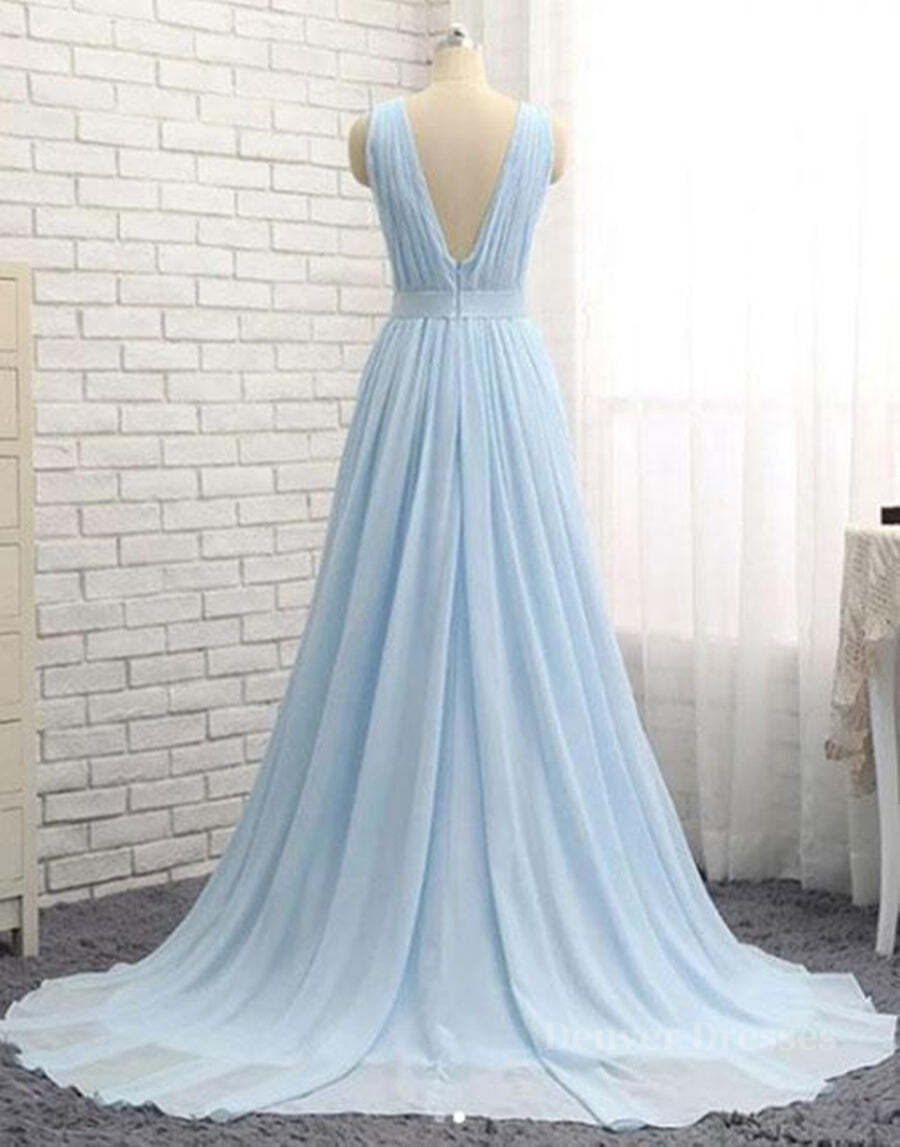 Wedding Photo, A Line V Neck and V Back Sky Blue Chiffon Long Prom Dresses, V Neck Blue Formal Dresses, Blue Evening Dresses