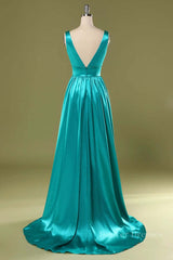 Red Carpet Dress, A Line V Neck and V Back Turquoise Long Prom Dress with Slit, Turquoise Formal Graduation Evening Dress