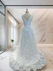 Wedding Dresses Unique, A-line V-neck Applique Sweep Train Stretch Crepe Wedding Dress