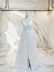 Wedding Dresses Long, A-line V-neck Applique Sweep Train Stretch Crepe Wedding Dress