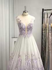 Cute Summer Dress, A-line V-neck Appliques Lace Floor-Length Tulle Dress