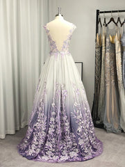 Homecoming, A-line V-neck Appliques Lace Floor-Length Tulle Dress