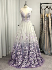 Prom Ideas, A-line V-neck Appliques Lace Floor-Length Tulle Dress