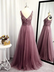 Party Dress For Couple, A-line V-neck Appliques Lace Floor-Length Tulle Dress