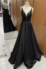 Party Dresses Designer, A Line V Neck Backless Black Long Prom Dresses, V Neck Black Formal Dresses, Backless Black Evening Dresses