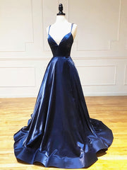 Prom Dresses Green, A Line V Neck Backless Dark Navy Blue Prom Dresses, Open Back Navy Blue Formal Evening Dresses