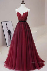 Evening Dresses Floral, A Line V Neck Beaded Burgundy Tulle Long Prom Dress, Beaded Burgundy Formal Graduation Evening Dress