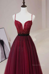 Evenning Dress For Wedding Guest, A Line V Neck Beaded Burgundy Tulle Long Prom Dress, Beaded Burgundy Formal Graduation Evening Dress