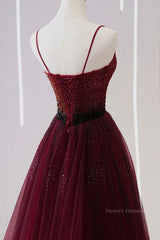 Evening Dresses For Weddings Guest, A Line V Neck Beaded Burgundy Tulle Long Prom Dress, Beaded Burgundy Formal Graduation Evening Dress