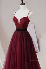 Evening Dress For Wedding Guest, A Line V Neck Beaded Burgundy Tulle Long Prom Dress, Beaded Burgundy Formal Graduation Evening Dress