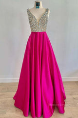 Prom Dresses Floral, A Line V Neck Beaded Fuchsia Long Prom Dress, V Neck Fuchsia Formal Dress, Beaded Fuchsia Evening Dress