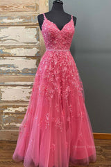 Slip Dress Outfit, A Line V Neck Beaded Hot Pink Lace Long Prom Dress, Hot Pink Lace Formal Graduation Evening Dress