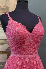 Aesthetic Dress, A Line V Neck Beaded Hot Pink Lace Long Prom Dress, Hot Pink Lace Formal Graduation Evening Dress