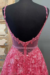 Girlie Dress, A Line V Neck Beaded Hot Pink Lace Long Prom Dress, Hot Pink Lace Formal Graduation Evening Dress