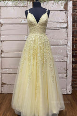 Formal Dress Boutiques Near Me, A Line V Neck Beaded Yellow Lace Tulle Long Prom Dress, Yellow Lace Formal Dress, Beaded Yellow Evening Dress