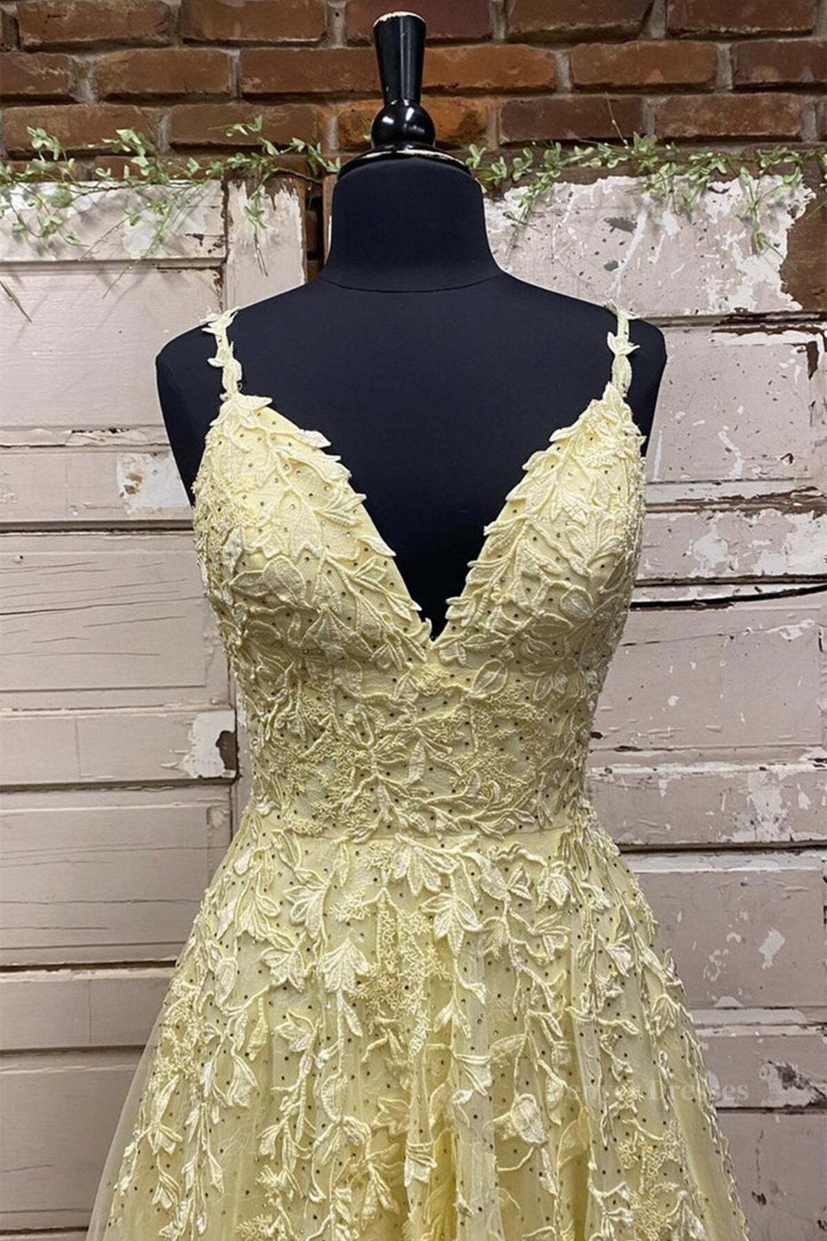 Formal Dress For Ladies, A Line V Neck Beaded Yellow Lace Tulle Long Prom Dress, Yellow Lace Formal Dress, Beaded Yellow Evening Dress