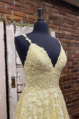 Formal Dressing For Ladies, A Line V Neck Beaded Yellow Lace Tulle Long Prom Dress, Yellow Lace Formal Dress, Beaded Yellow Evening Dress