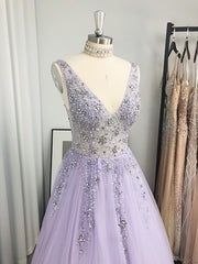 Prom Dress Ideas, A-line V-neck Beading Floor-Length Tulle Dress