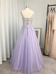 Prom Dress Blue, A-line V-neck Beading Floor-Length Tulle Dress