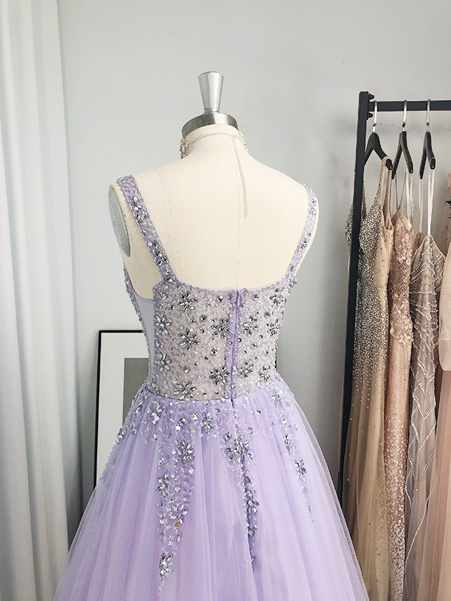 Night Dress, A-line V-neck Beading Floor-Length Tulle Dress