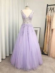 Winter Formal Dress Short, A-line V-neck Beading Floor-Length Tulle Dress