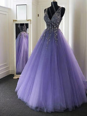 Party Dresses For Girl, A-line V-neck Beading Floor-Length Tulle Dress