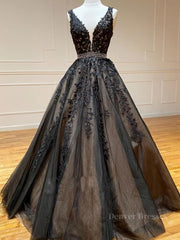 Prom Dress Different, A Line V Neck Black Lace Prom Dresses, Black Lace Formal Evening Dresses