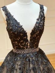 Prom Dress 2055, A Line V Neck Black Lace Prom Dresses, Black Lace Formal Evening Dresses
