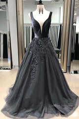 2056 Prom Dress, A Line V Neck Black Long Prom Dresses with Lace Appliques, V Neck Black Lace Formal Evening Dresses