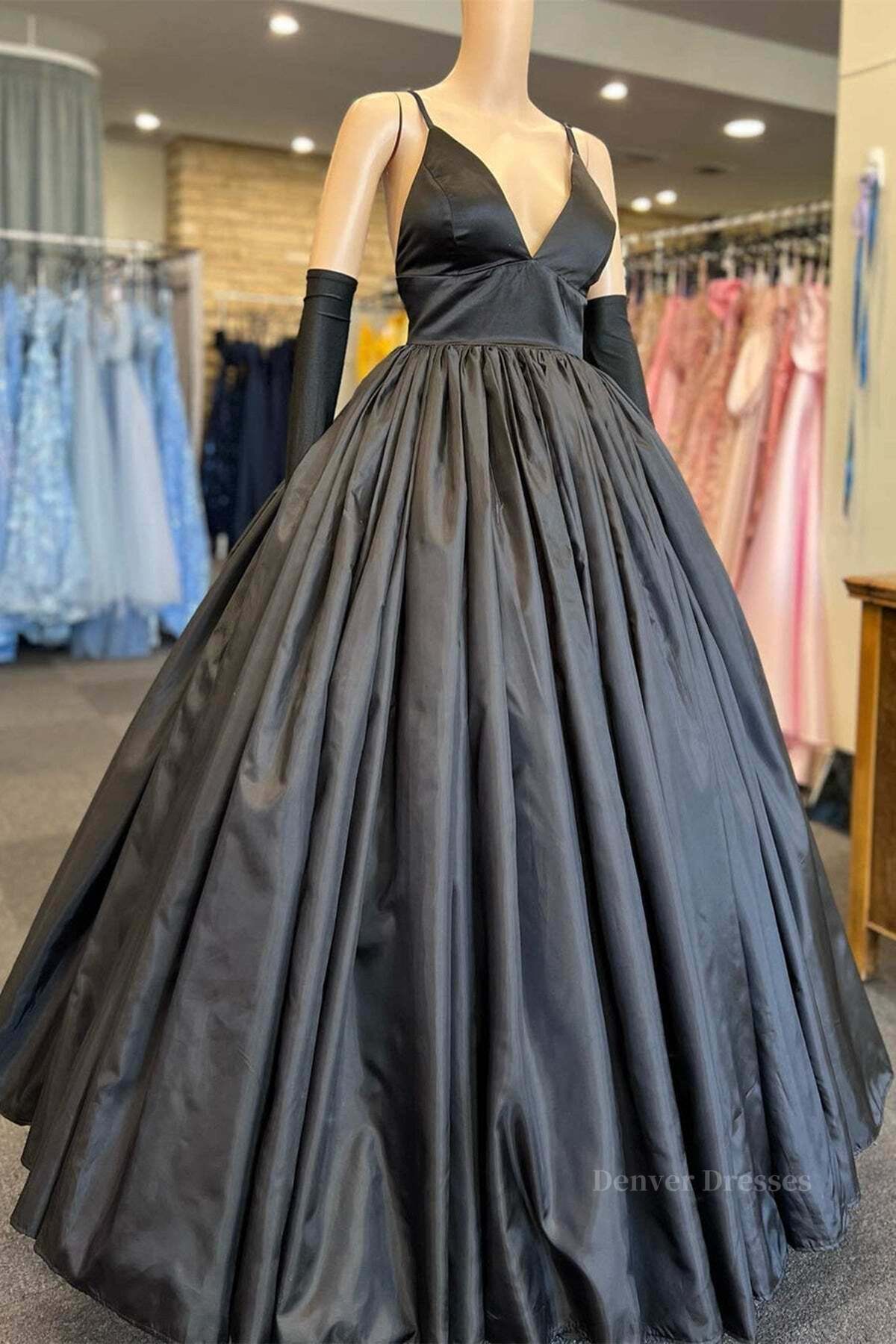 Evening Dress Wedding, A Line V Neck Black Satin Long Prom Dress with Pocket, V Neck Black Formal Graduation Evening Dress