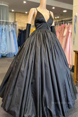 Evening Dress Wedding, A Line V Neck Black Satin Long Prom Dress with Pocket, V Neck Black Formal Graduation Evening Dress