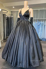 Evening Dress Long, A Line V Neck Black Satin Long Prom Dress with Pocket, V Neck Black Formal Graduation Evening Dress