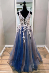 Formal Dress Homecoming, A Line V Neck Blue Lace Long Prom Dress, Long Blue Formal Evening Dress