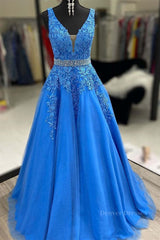 Prom Dresses 2055 Fashion Outfits, A Line V Neck Blue Lace Long Prom Dresses with Belt, Blue Lace Formal Evening Dresses
