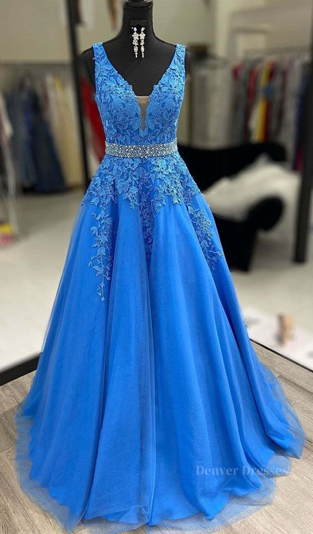 Prom Dresses 2055 Fashion Outfit, A Line V Neck Blue Lace Long Prom Dresses with Belt, Blue Lace Formal Evening Dresses