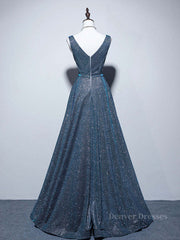 Bridesmaid Dress Designers, A-line V Neck Blue Long Prom Dress, Blue Formal Dresses