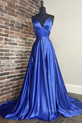 Party Dresses Ladies, A Line V Neck Blue Long Prom Dress, V Neck Blue Formal Graduation Evening Dress