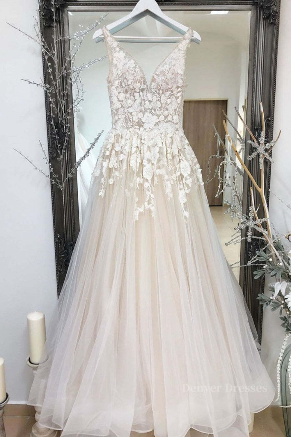 Homecoming Dress Short Prom, A Line V Neck Champagne Lace Long Prom Dresses, Champagne Lace Formal Dresses, Champagne Evening Dresses