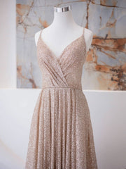 Party Dress Online Shopping, A Line V Neck Champagne Long Prom Dresses, Shiny Tulle Champagne Evening Dress