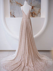 Party Dress Party Dress, A Line V Neck Champagne Long Prom Dresses, Shiny Tulle Champagne Evening Dress