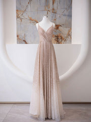 Party Dresses Online Shop, A Line V Neck Champagne Long Prom Dresses, Shiny Tulle Champagne Evening Dress