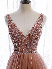 Homecoming Dress Tights, A Line V Neck Dark Pink Beaded Long Prom Dresses, V Neck Pink Long Formal Graduation Dresses