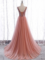 Homecoming Dress Tight, A Line V Neck Dark Pink Beaded Long Prom Dresses, V Neck Pink Long Formal Graduation Dresses