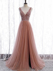 Homecomming Dresses Fitted, A Line V Neck Dark Pink Beaded Long Prom Dresses, V Neck Pink Long Formal Graduation Dresses