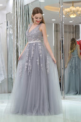 Formal Dresses Nearby, A-Line V-neck Floor-Length Tulle Appliqued Long Prom Dresses