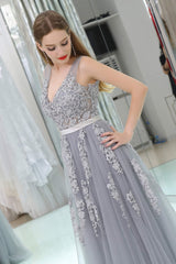 Formal Dress Prom, A-Line V-neck Floor-Length Tulle Appliqued Long Prom Dresses